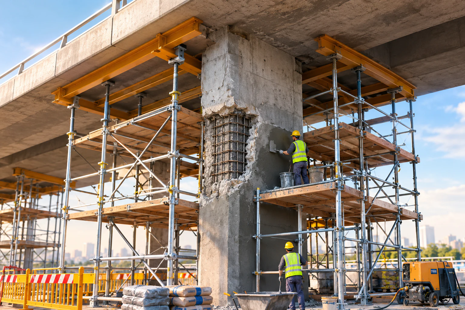 Concrete bridge column repair using temporary steel shoring, exposed reinforcement and repair mortar