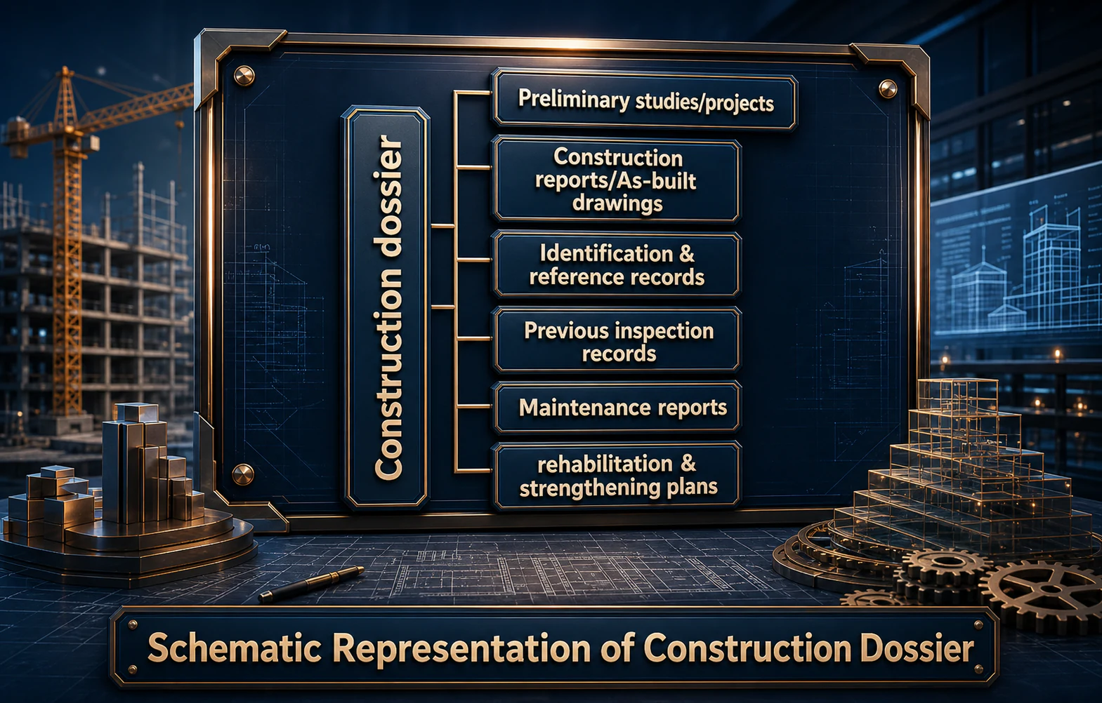 Construction dossier Preliminary studies/projects Construction reports/As-built drawings Identification & reference records Previous inspection records Maintenance reports rehabilitation & strengthening plans Schematic Representation of Construction Dossier