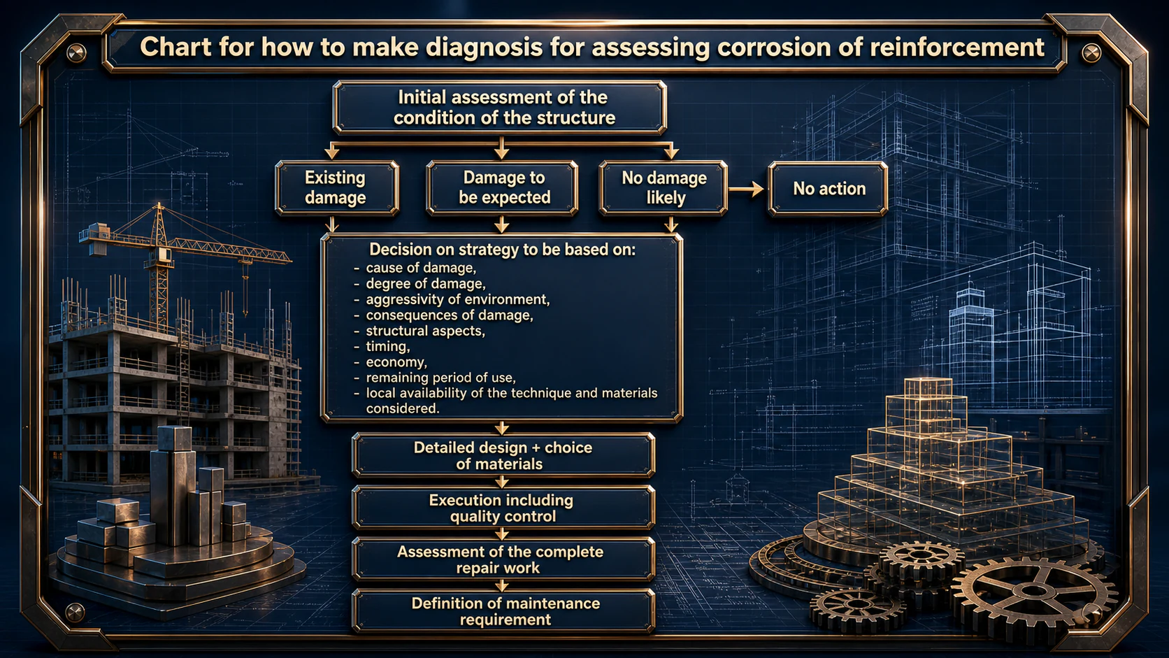 Chart for how to make diagnosis for assessing corrosion of reinforcement Initial assessment of the condition of the structure Existing damage Damage to be expected No damage likely No action Decision on strategy to be based on: - cause of damage, - degree of damage, - aggressivity of environment, - consequences of damage, - structural aspects, - timing, - economy, - remaining period of use, - local availability of the technique and materials considered. Detailed design + choice of materials Execution including quality control Assessment of the complete repair work Definition of maintenance requirement